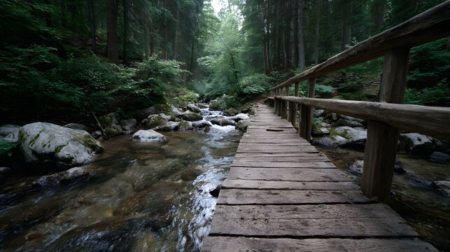 A rustic wooden footbridge crosses a clear flowing stream through a lush green forest - Powered by Adobe