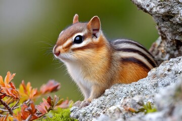 Obraz premium Chipmunk peeking from a rock, observing nature