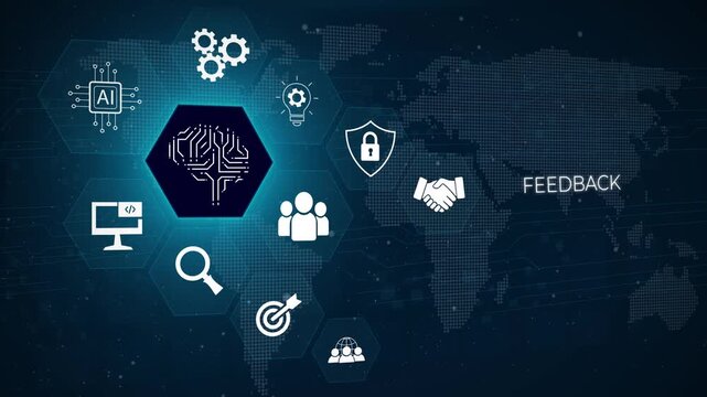 Feedback concept, user comment rating of company online, writing review diagram, reputation management. 3D dark blue background 4k animation