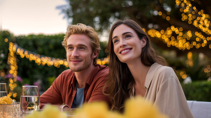 Happy couple enjoying festive outdoor dinner with string lights bokeh. Romantic evening celebration at garden party with wine glasses, smiling man and woman looking up at decorated setting.