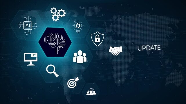 Business, Technology, Internet and network concept. Update software computer program upgrade. 3D dark blue background 4k animation