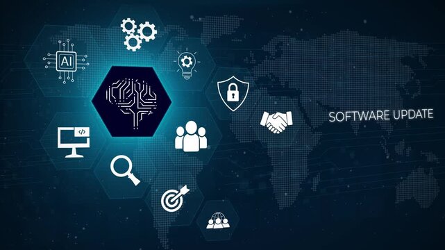 Business, Technology, Internet and network concept. Update software computer program upgrade. 3D dark blue background 4k animation