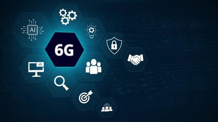 The concept of 6G network, high-speed mobile Internet, new generation networks. Business, modern technology, internet and networking concept. 3D dark blue background 4k animation - Powered by Adobe