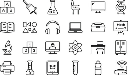 Obraz premium Education and Science Line Icons Set – School, STEM, Laboratory, E-learning, and Study Equipment Outline Vector Pack for Teachers, Students, Online Courses, and Academic Infographics Design