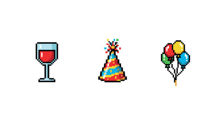 Pixel art celebration icons with wine glass, party hat, and balloons on white background