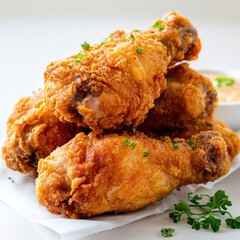 Crispy Golden Fried Chicken Drumsticks Served with Dip and Garnished with Fresh Herbs