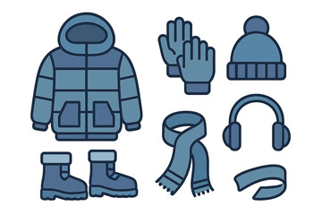 Assortment of blue icons for winter apparel and cold weather accessories