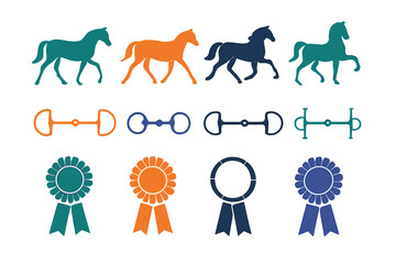 Set of horse silhouettes, equestrian snaffle bits, and rosette award ribbons