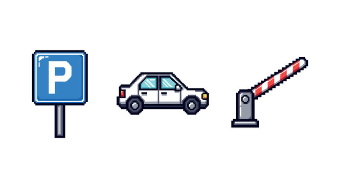 Pixel art parking elements featuring sign, car, and barrier