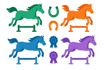 Vibrant horses leaping over fences with equestrian award symbols