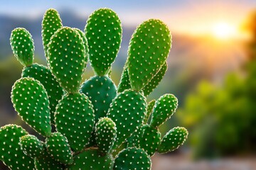 Opuntia prickly pear cactus plant backlit by sunset