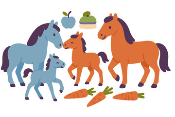 Adorable cartoon horse family group with fruit icons