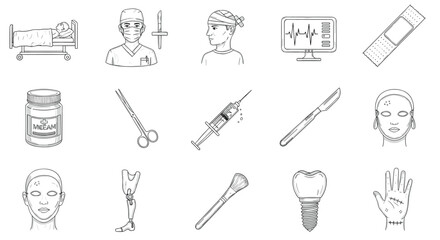 Fototapeta premium Medical icon set: healthcare tools and professionals in linear art style