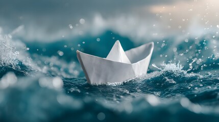 Obraz premium Small Paper Boat Navigating Turbulent Waves in a Stormy Ocean Setting with Dramatic Lighting Effects
