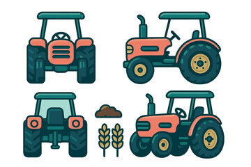Agricultural tractor views with wheat and soil icons