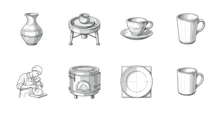 Sketch style pottery and ceramic craft elements featuring kiln and artisan
