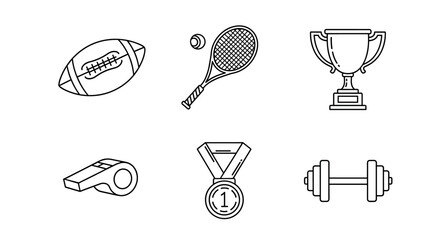 Outline icons of sports equipment and awards for fitness enthusiasts