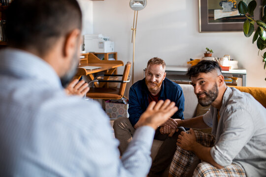 Young male gay couple talking to a counselor at home