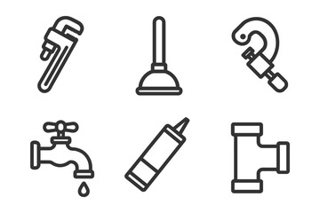 Obraz premium A set of six black and white icons for plumbing tools. The icons include a plunger, a pipe wrench, a pipe cutter, a pipe snake. Vector.