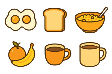 Six colorful icons representing healthy breakfast food and morning drinks