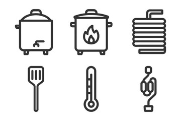 A set of kitchen utensils and appliances, including a spatula, a pot, a pan, a thermometer, and a kettle. Vector.