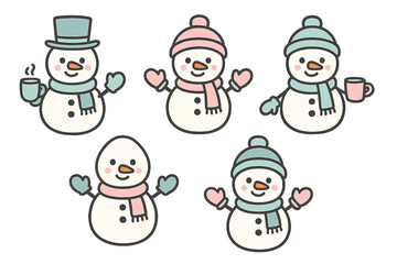 Collection of cute cartoon snowmen icons wearing winter hats and scarves