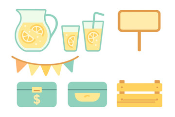 Lemonade stand supplies set featuring cash box and promotional sign