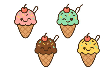 Four cute kawaii ice cream cones with cherry and colorful sprinkles