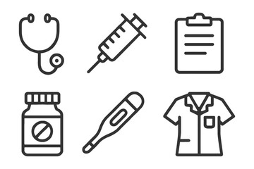 A set of medical icons including a stethoscope, syringe, thermometer, and a doctor's jacket. Vector.