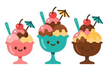 Three cute smiling ice cream sundaes with cherries and cocktail umbrellas