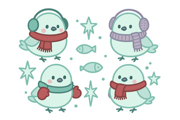 Charming baby birds dressed in cozy winter accessories for seasonal design