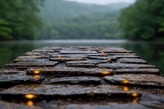 A serene stone path extends over a tranquil lake, surrounded by lush greenery and misty mountains, creating a peaceful natural scene.