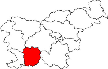 Detailed vector map of Slovenia highlighting Primorsko-notranjska (Littoral–Inner Carniola Statistical Region), a Southwestern Slovenia territory centered on Postojna