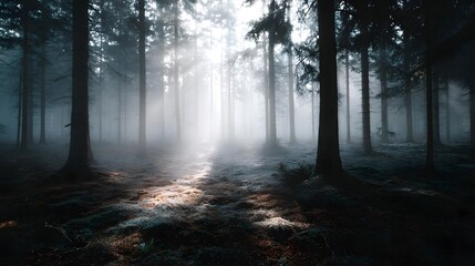 Fototapeta premium Sunlight streams through fog in a dark mysterious forest landscape