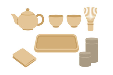 Essential traditional Japanese matcha tea ceremony utensils set isolated on white