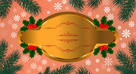 Elegant golden Christmas frame with holly berries, pine branches, and snowflakes on a warm festive background — perfect for greeting cards, labels, and holiday designs.