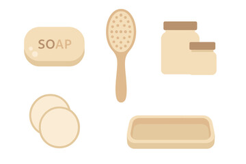 Beige icons for bathroom hygiene and spa relaxation accessories