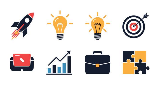 Business and innovation icons: rocket, lightbulb, target, and more essentials