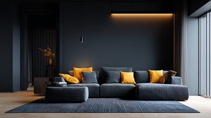 Modern luxury living room with beautifull sofa and couch with glass window and LED lights 