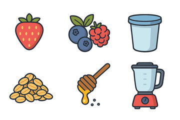 Flat icons of fruit, ingredients, and appliance for making a healthy breakfast shake