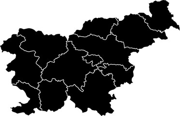 Black vector political map of Slovenia national outline with all 12 statistical regions internal boundaries, filled with a solid black color, presented as a map of the Central European country.