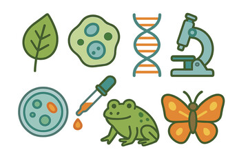 Laboratory Equipment and Biological Organisms Flat Icons Set