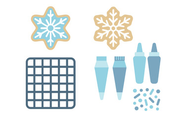 Festive cookie decorating supplies featuring snowflake shapes for winter holidays