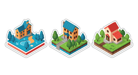 Naklejka premium Isometric house designs with gardens and pool on sticker-style platforms