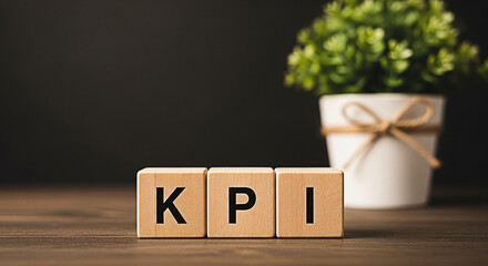 Wooden blocks spelling kpi on a table with a plant in the background represent key performance indicators in business and management strategy