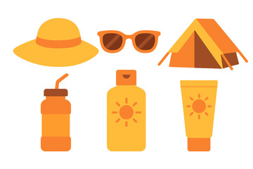 Essential summer vacation travel accessories and sun protection gear icons