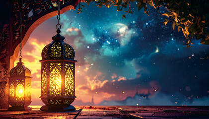 Traditional Arabic Lanterns Glowing in Mosque Courtyard