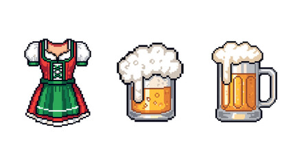 Pixel art oktoberfest: bavarian dress and beer mugs with foam