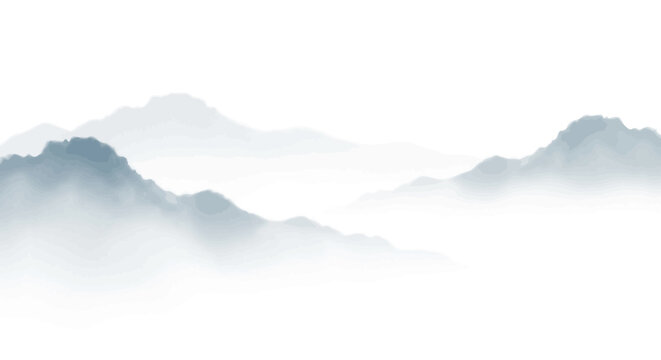 Minimalist Chinese Ink Wash Mountain Landscape - Ethereal Foggy Peaks Art
