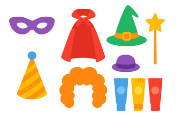 Colorful costume and party accessories icons collection for celebrations